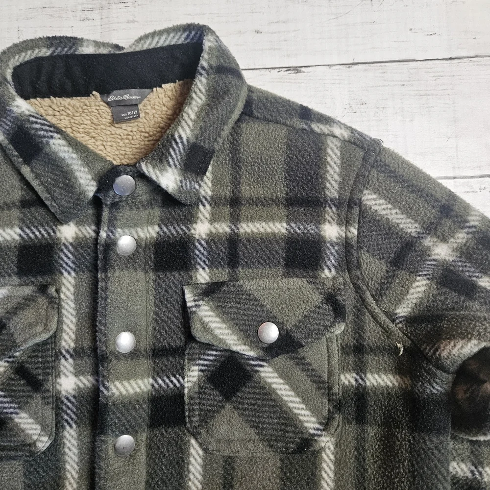 Eddie Bauer Kids Sherpa  Fleece Lined Boys‎ Green Plaid Flannel Jacket, 10/12